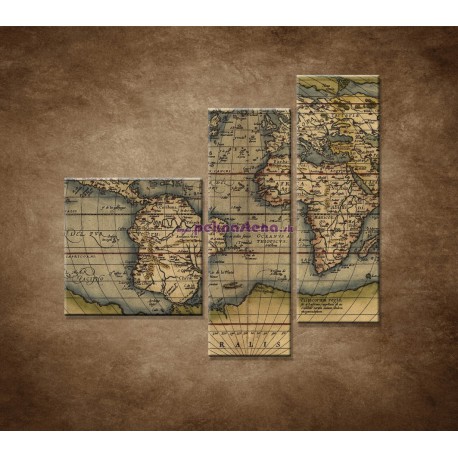 Obrazy na stenu - Antická mapa sveta r.1570 - 3dielny 110x90cm