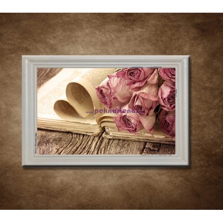 Obraz na stenu - Suché ruže a kniha - bledý rám