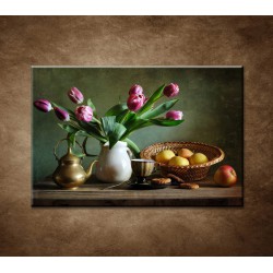 Obrazy na stenu - Zátišie s tulipánmi a jablkami