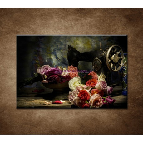 Obrazy na stenu - Ruže a šijací stroj 