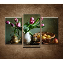 Obrazy na stenu - Zátišie s tulipánmi a jablkami - 3-dielny 75x50cm