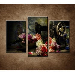 Obrazy na stenu - Ruže a šijaci stroj - 3-dielny 75x50cm