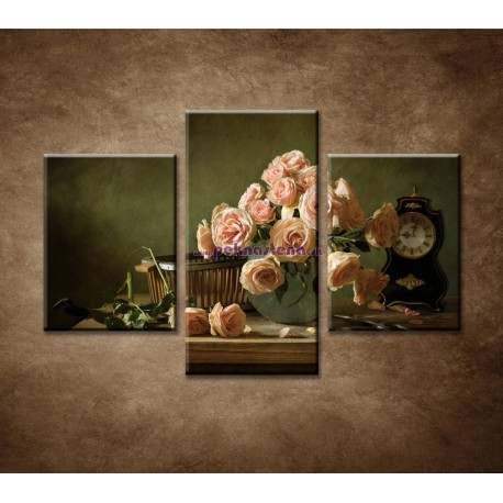 Obrazy na stenu - Ruže a hodiny - 3dielny 90x60cm
